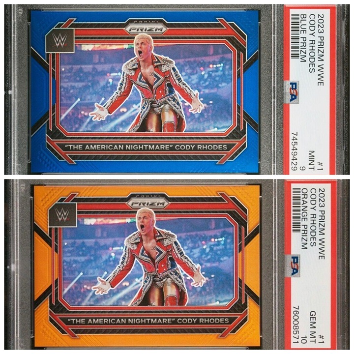 CODY RHODES 2023 WWE PANINI PRIZM BLUE /199 *POP 5* ORANGE /99 *POP 2* PSA 9 10