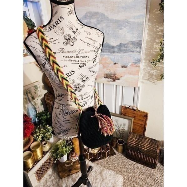 New Wayuu Black Multicolored Mochila Boho Bucket Bag.