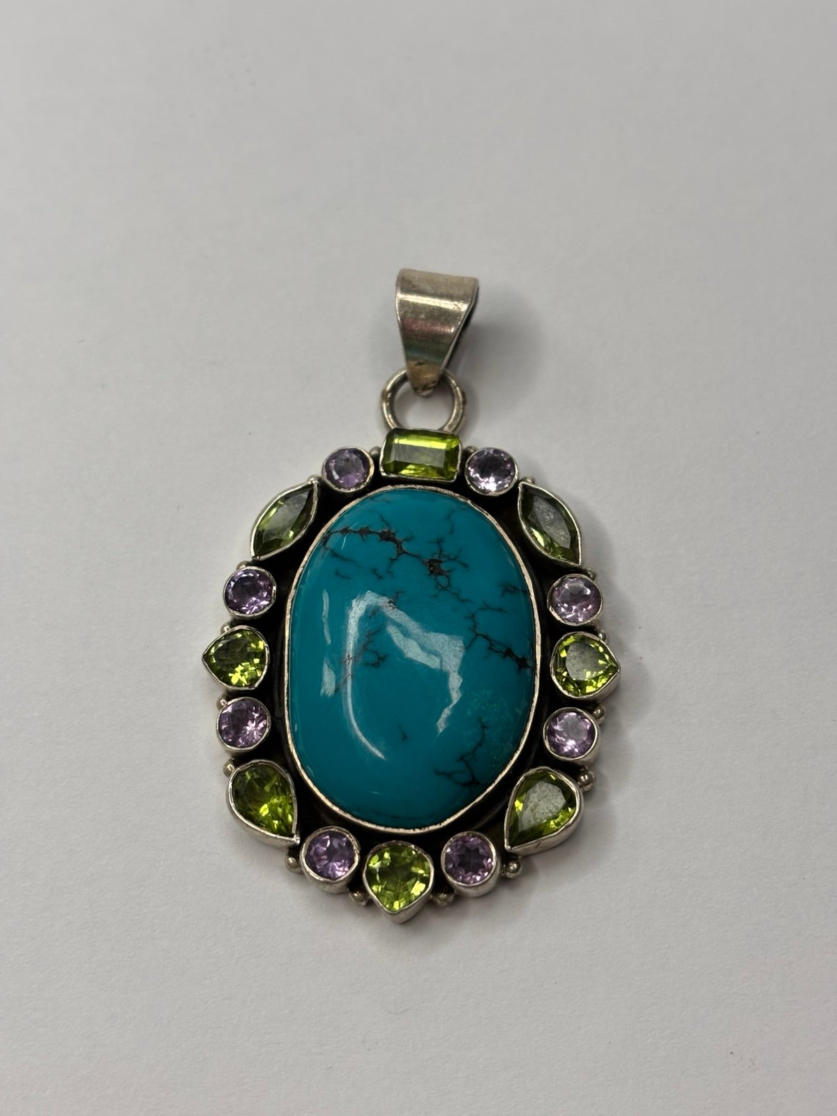 Vintage Sterling Silver Turquoise, Amethyst, & Peridot Oval Shaped Pendant