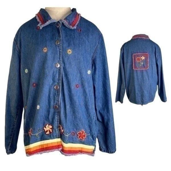 Bobbie Brooks Womens L Vintage 90s Floral Embroidered Button Front Denim Shacket