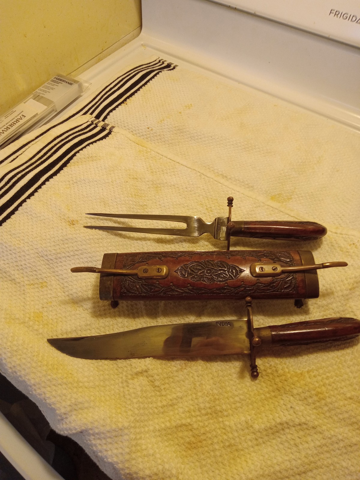 Vintage wood and brass carving set made in India