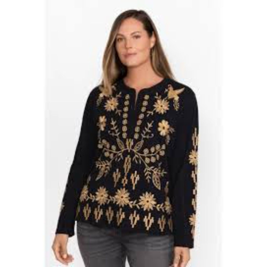 Johnny Was Georgina Raw Seam Henley Embroidered Tunic - Black/Tan - 2X