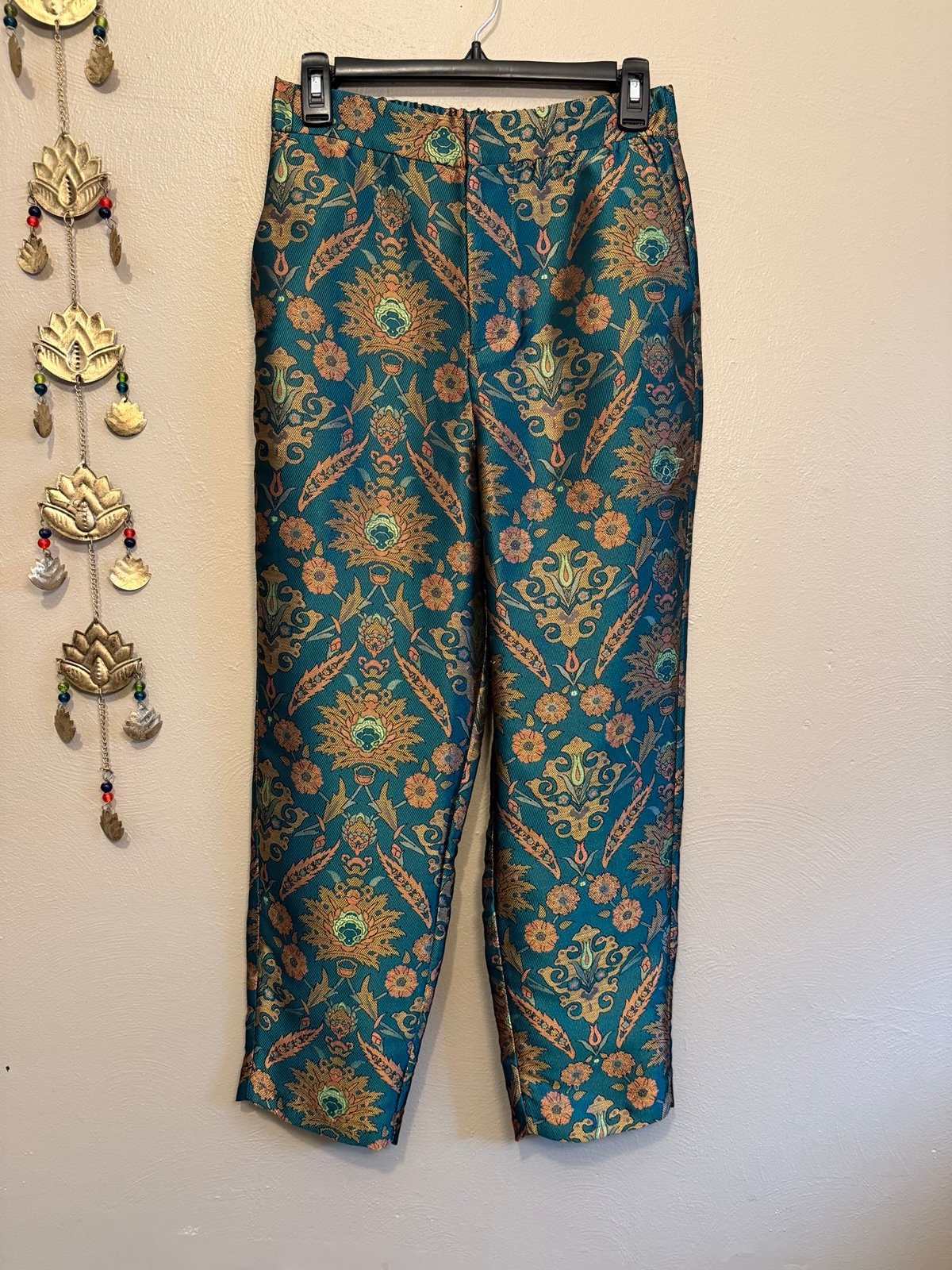 Maeve Anthropologie Melyssa Jade Green Metallic Jacquard Trouser Pants Size XS