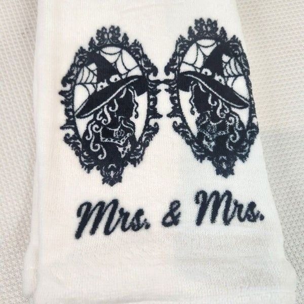 Mrs & Mrs Halloween Kitchen Towels Lesbian Gay Two Witchy Witch Brides