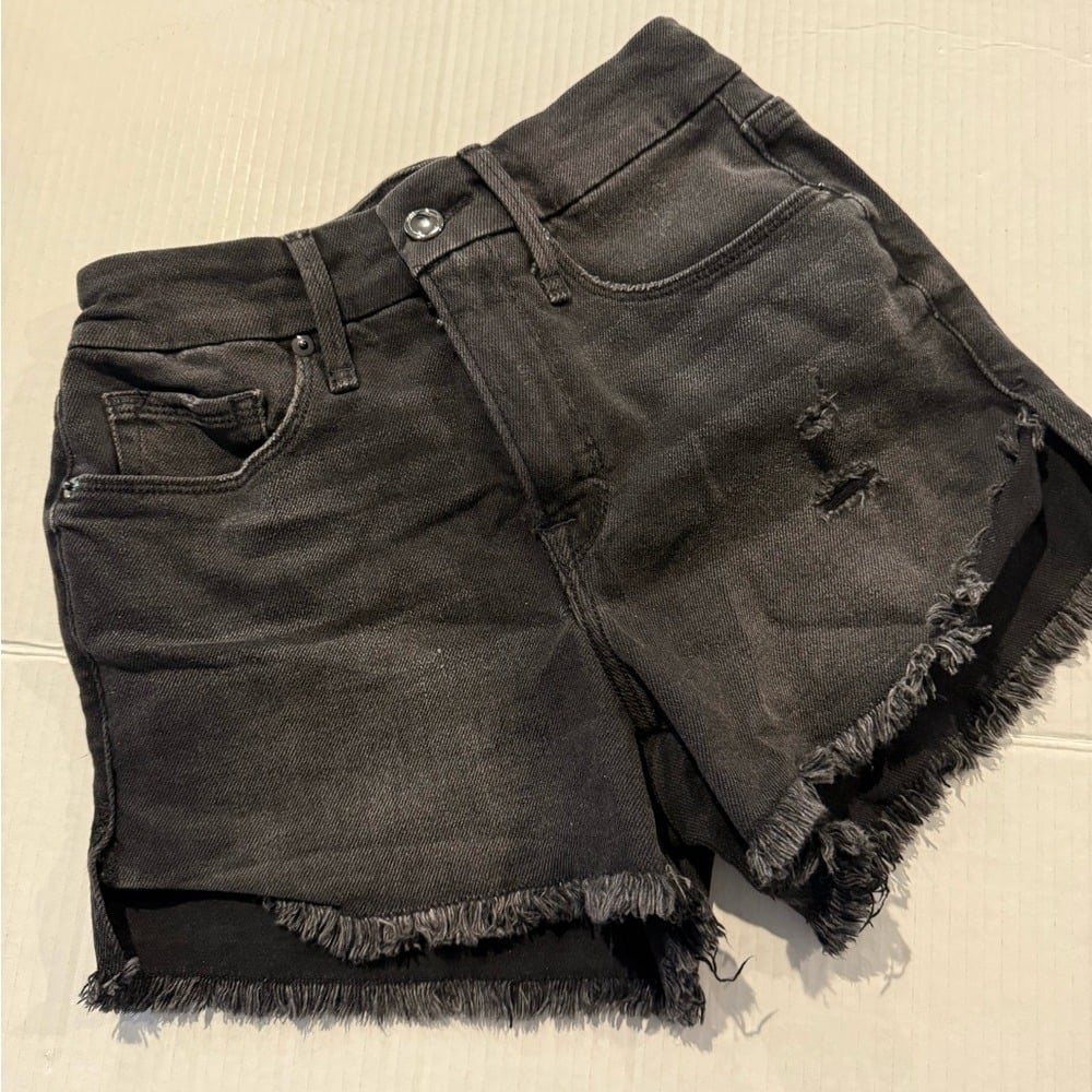 Good American Black Jean Shorts with Distressed Details and Frayed Hem