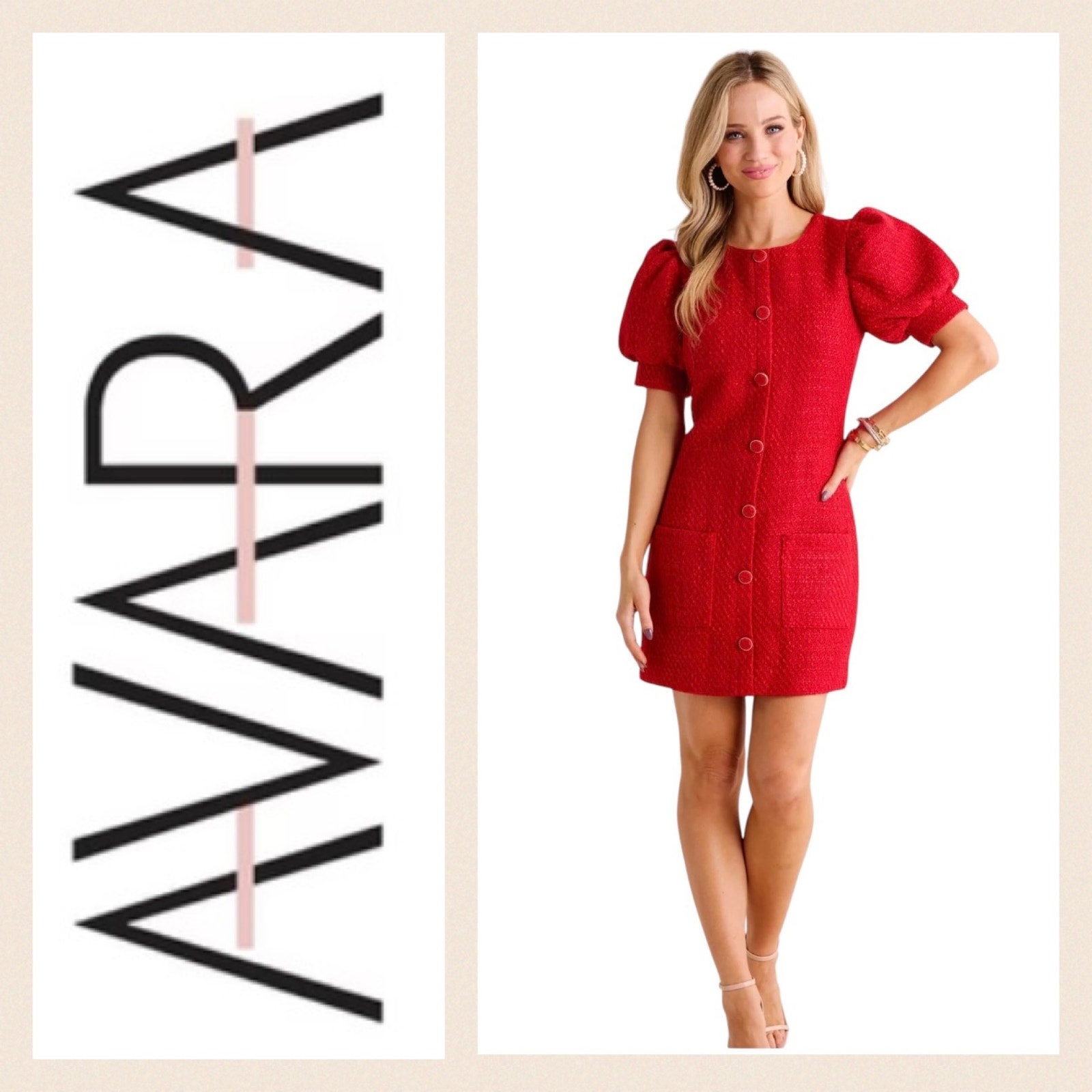 Avara NWT Red Tweed Sheath Mini Dress Short Puff Sleeves Button Front Detail M