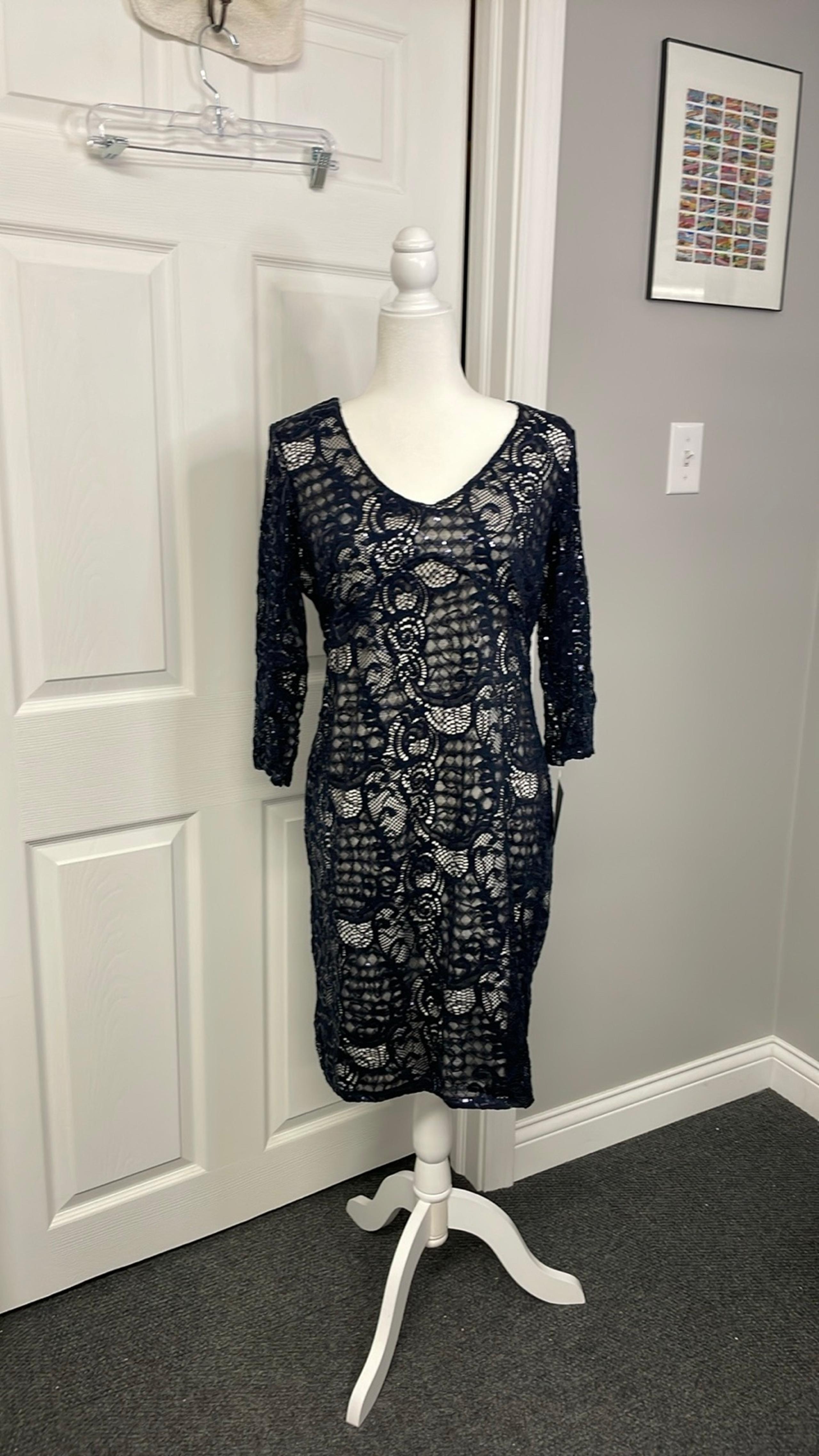 MARINA Navy Blue Open Back Lace Sequined Dress Womens Size 12 NWT