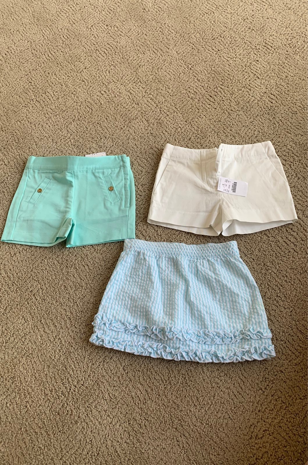 Janie and Jack mint colored canvas shorts, J.Crew white canvas shorts size 2