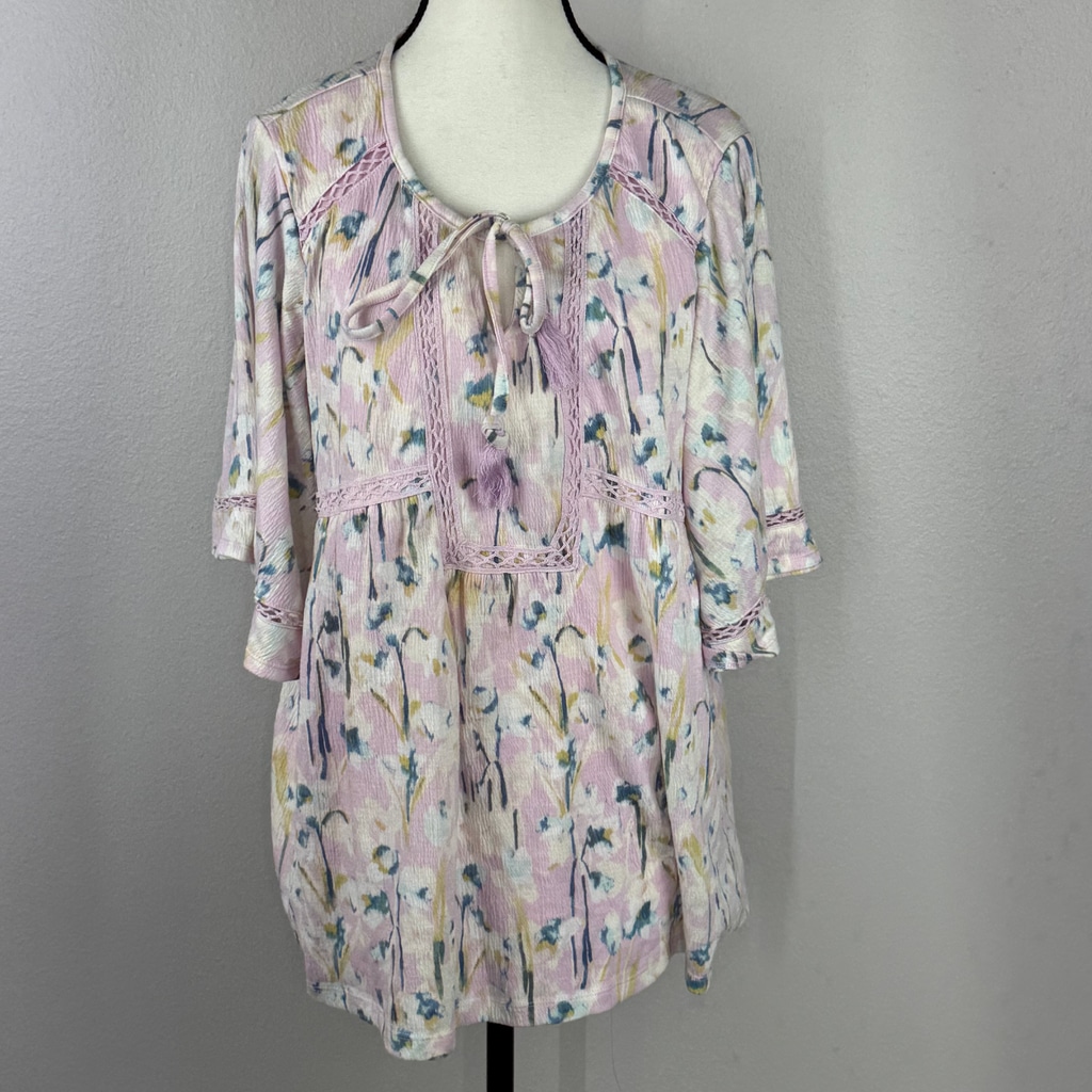 Haute Hippie Tribe Womens Medium Pink Floral Peasant Boho Tassel Tunic Blouse
