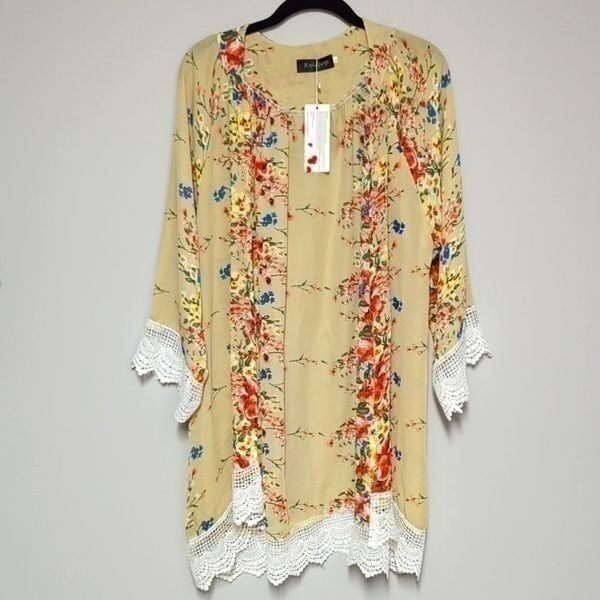 NWT Relipop Tan Floral Open Front Cardigan