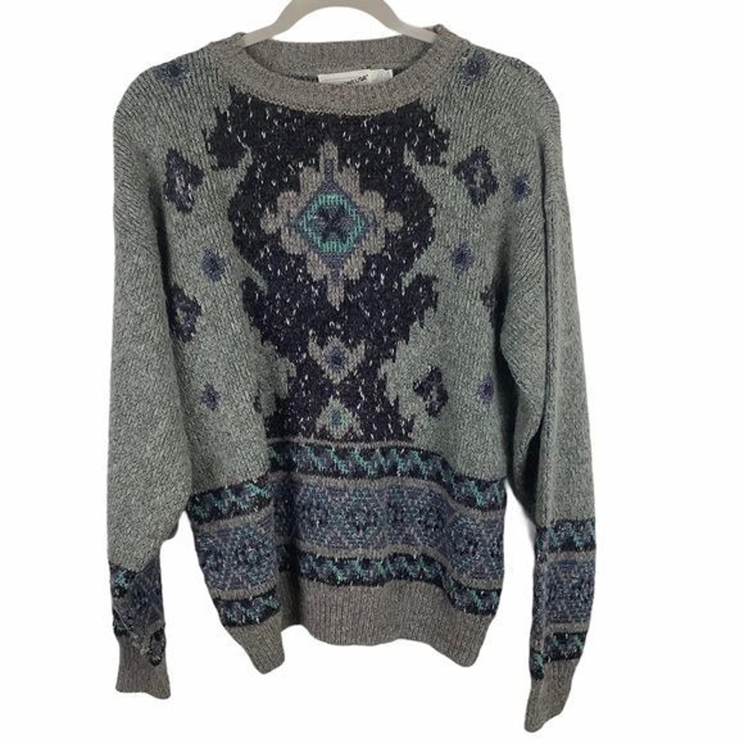 Vintage Directions USA Alpaca Blend Sweater Women Large Gray Blue Aztec Winter