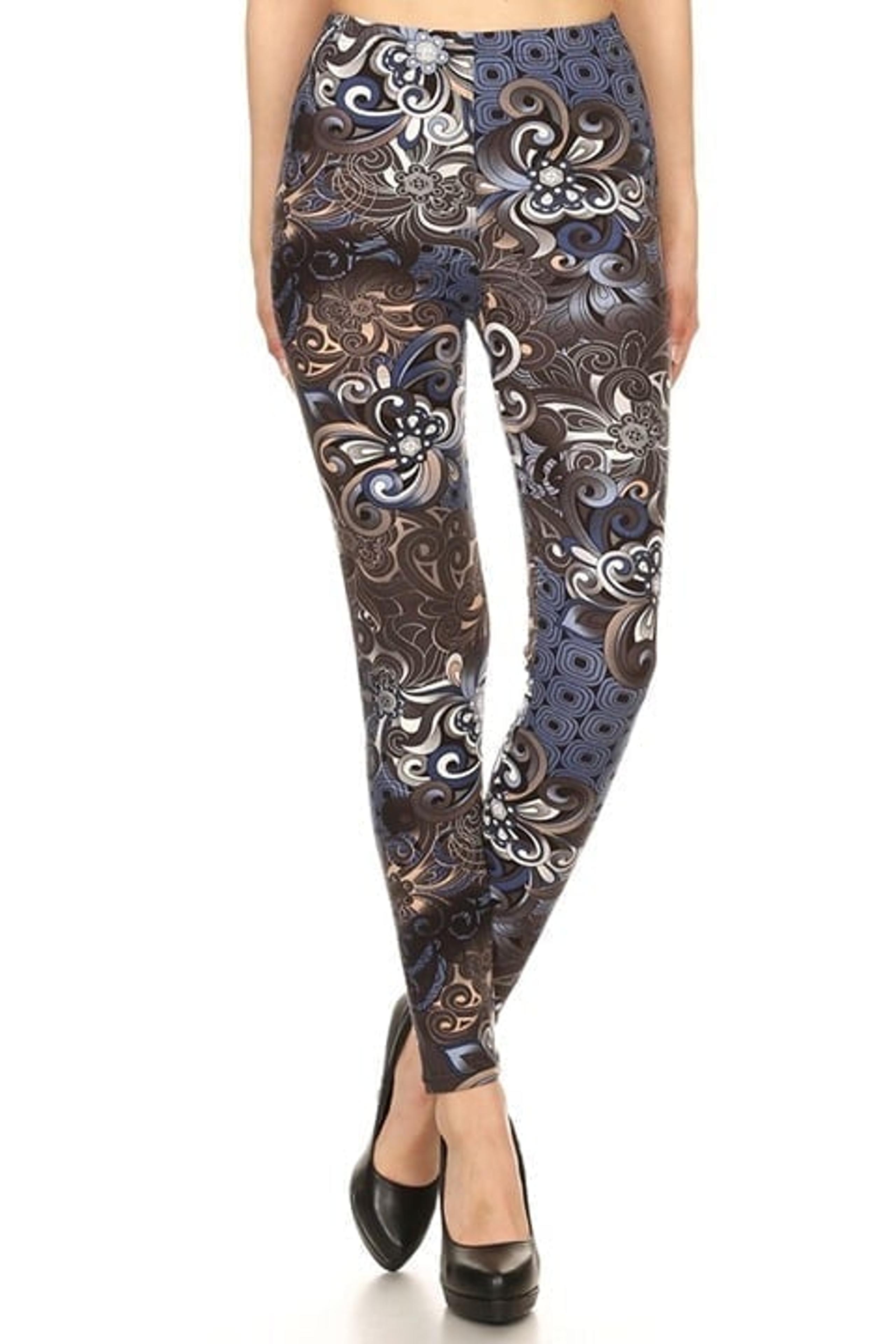 Womens One Size Fits Sizes 2-12 Full Length Leggings Super Soft Blue Multi Print