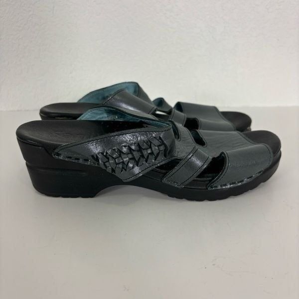 Sanita Blue Metallic Leather Slide Sandals