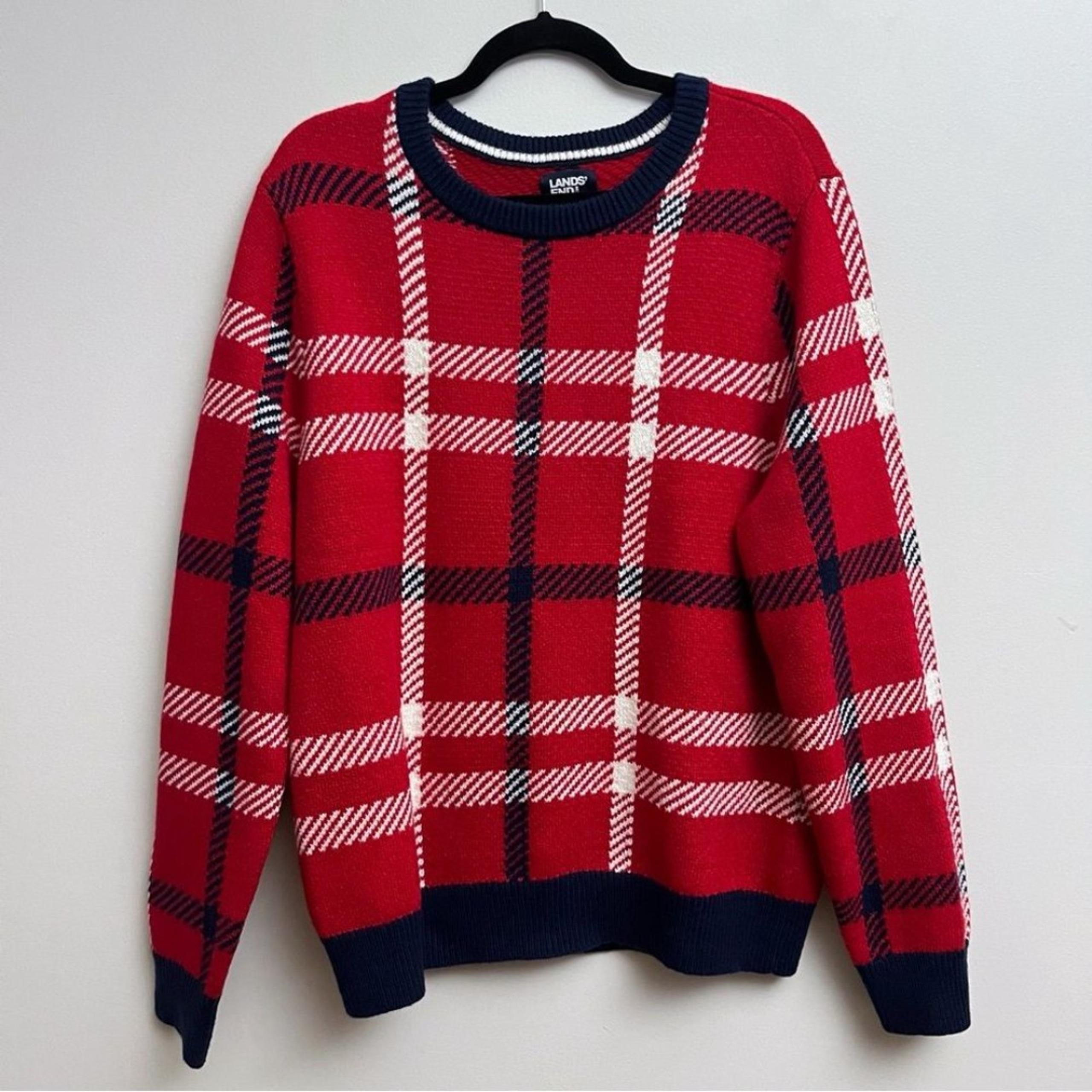 Lands End Mens Medium 38-40 Wool Blend Plaid Holiday Christmas Crewneck Sweater