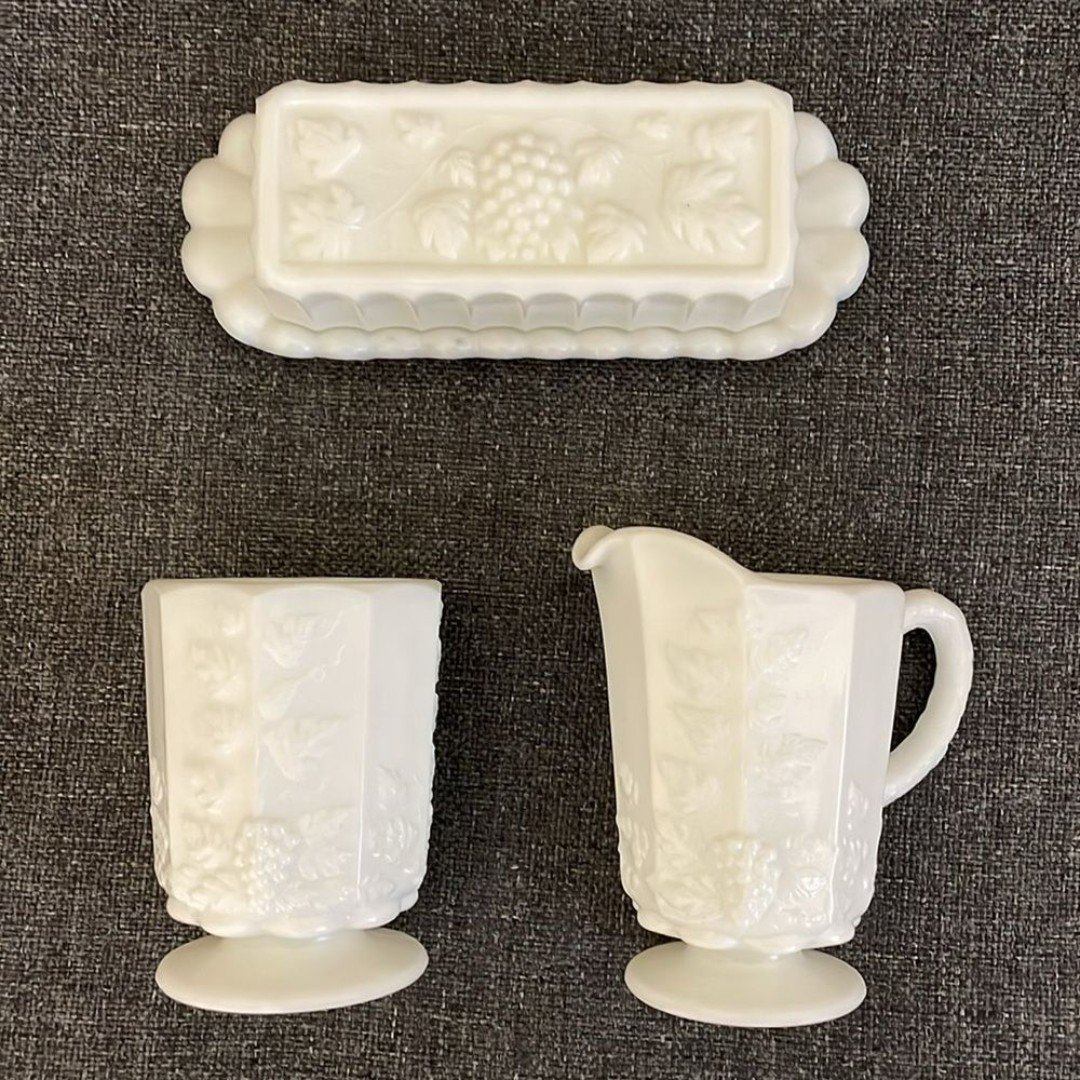 Vintage Westmoreland Paneled Grape milk glass butter dish, creamer & open sugar