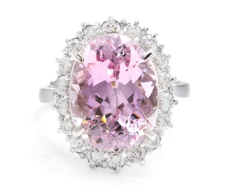 14.10Ct Natural Oval Kunzite & Diamond Halo Solitaire Ring 14k White Gold