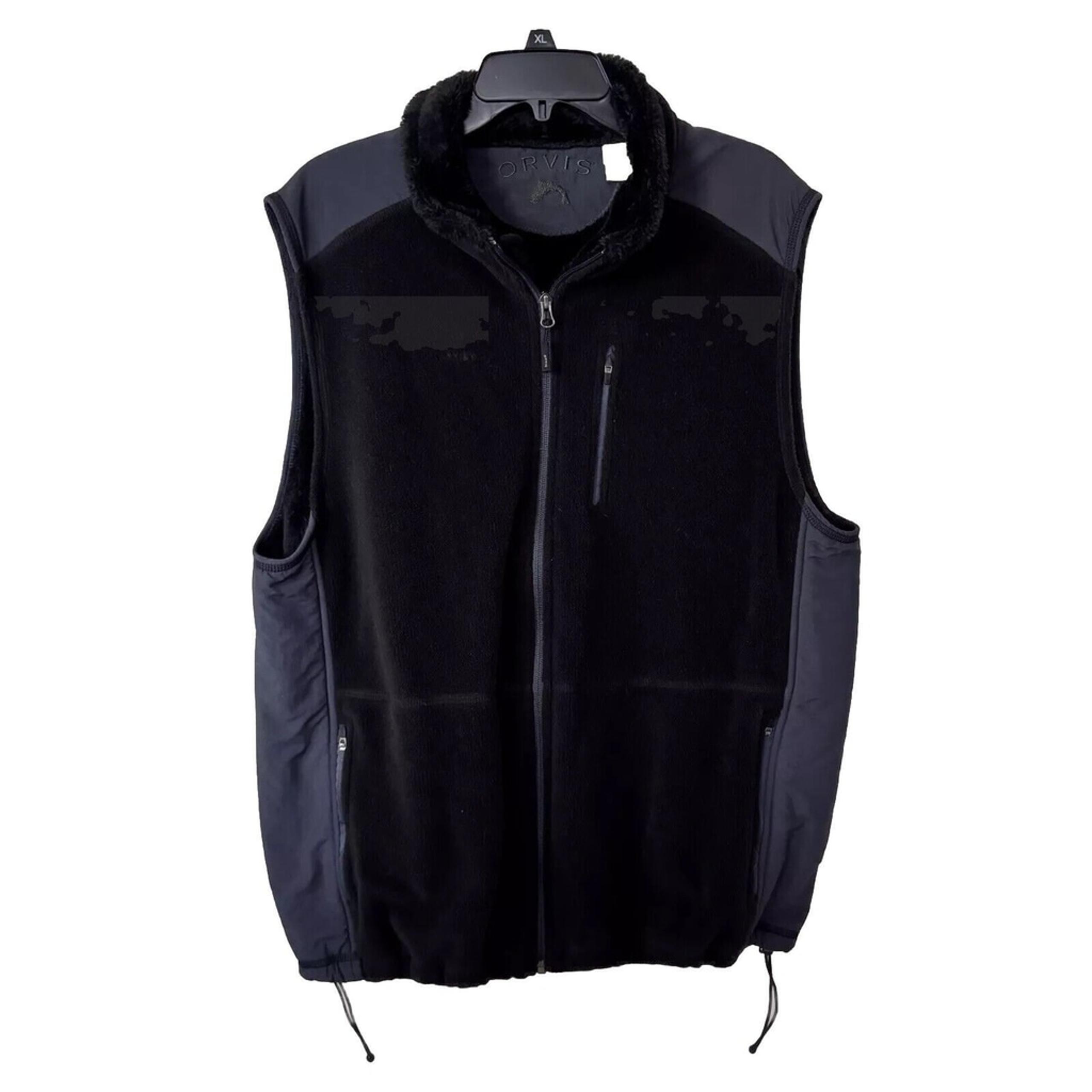 Orvis Men's XL Warm Black Fleece And Fur Lined Zip Vest 3 Pockets in Front