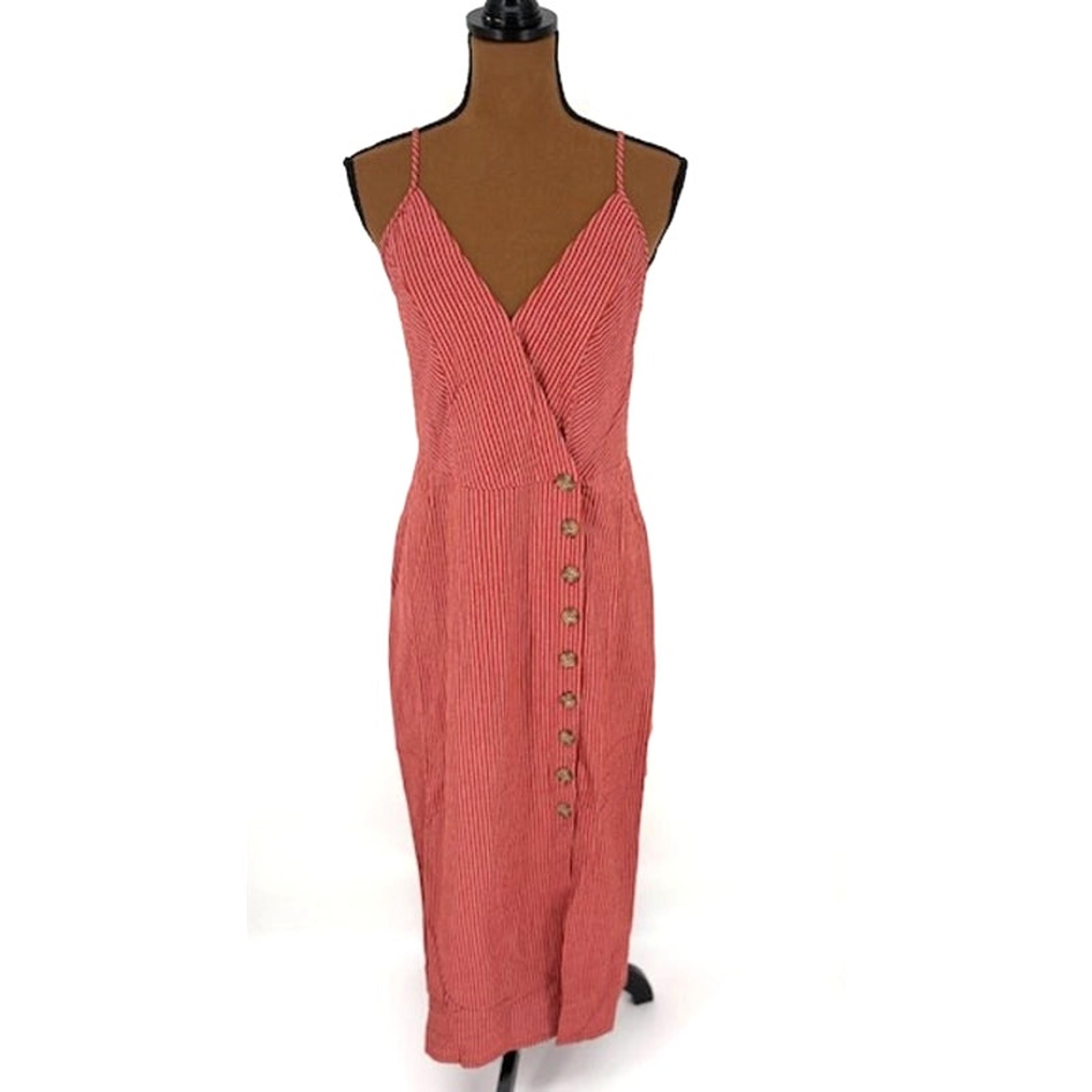 Knot Sisters Red Pinstripe Button Front Sleeveless Midi Dress – Large NWT