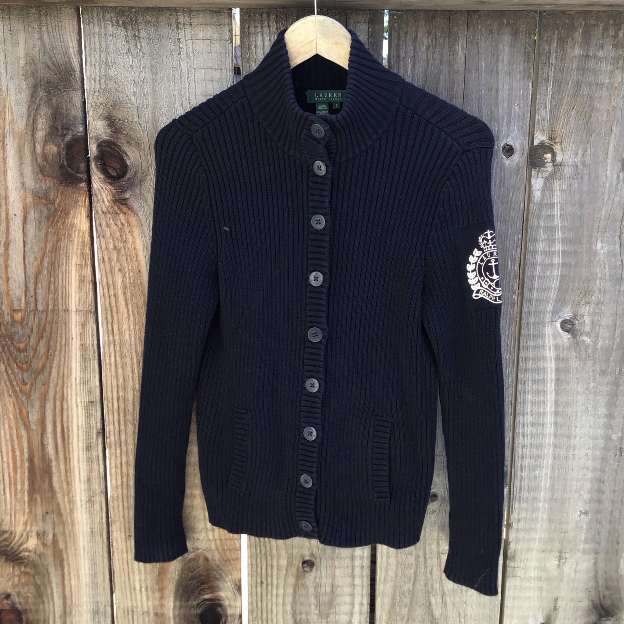 Lauren Ralph Lauren anchor cardigan sweater womens large navy blue button front