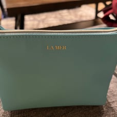 NEW Tiffany blue Lamer makeup bag with zipper on top for closure and gold print