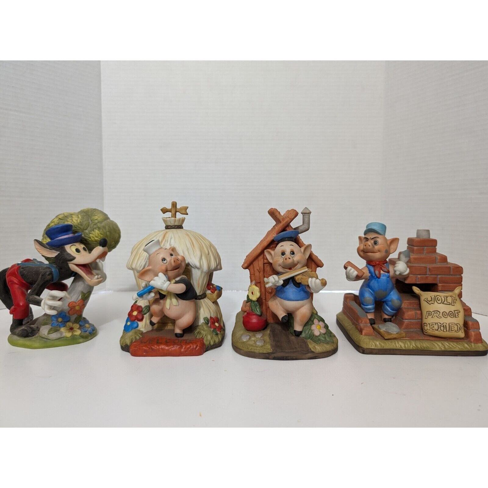 Rare Vintage Disney 3 Little Pigs Music Box And Big Bad Wolf Porcelain