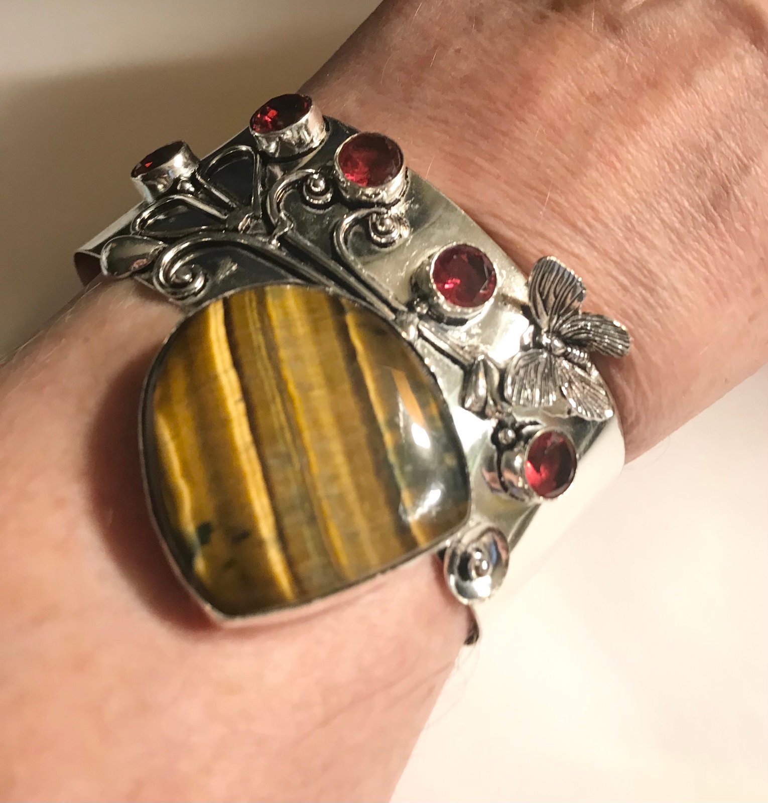 Tiger Eye Garnet 925 Sterling Silver Cuff Bracelet