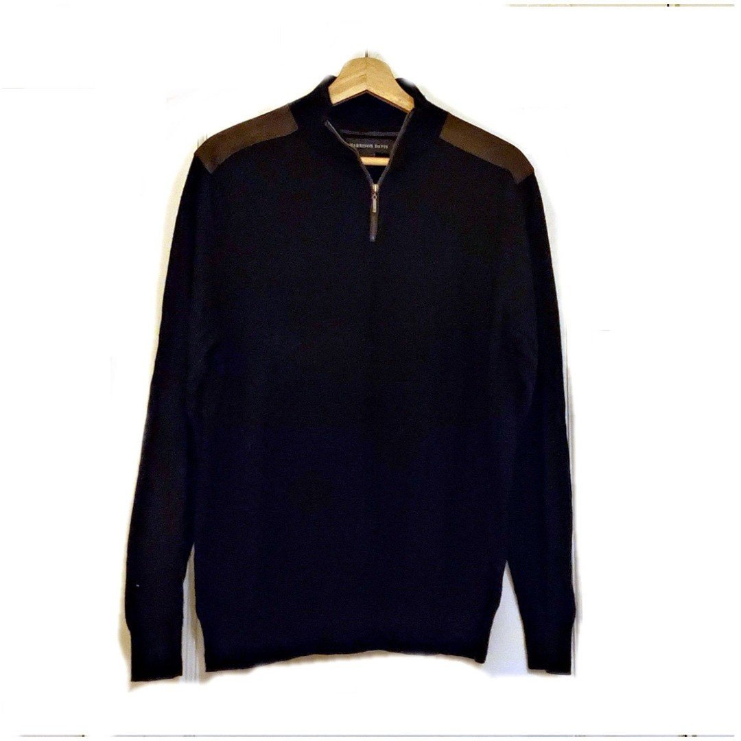 HARRISON DAVIS Navy Blue Wool Brown Suede Zip Sweater Sz L EUC