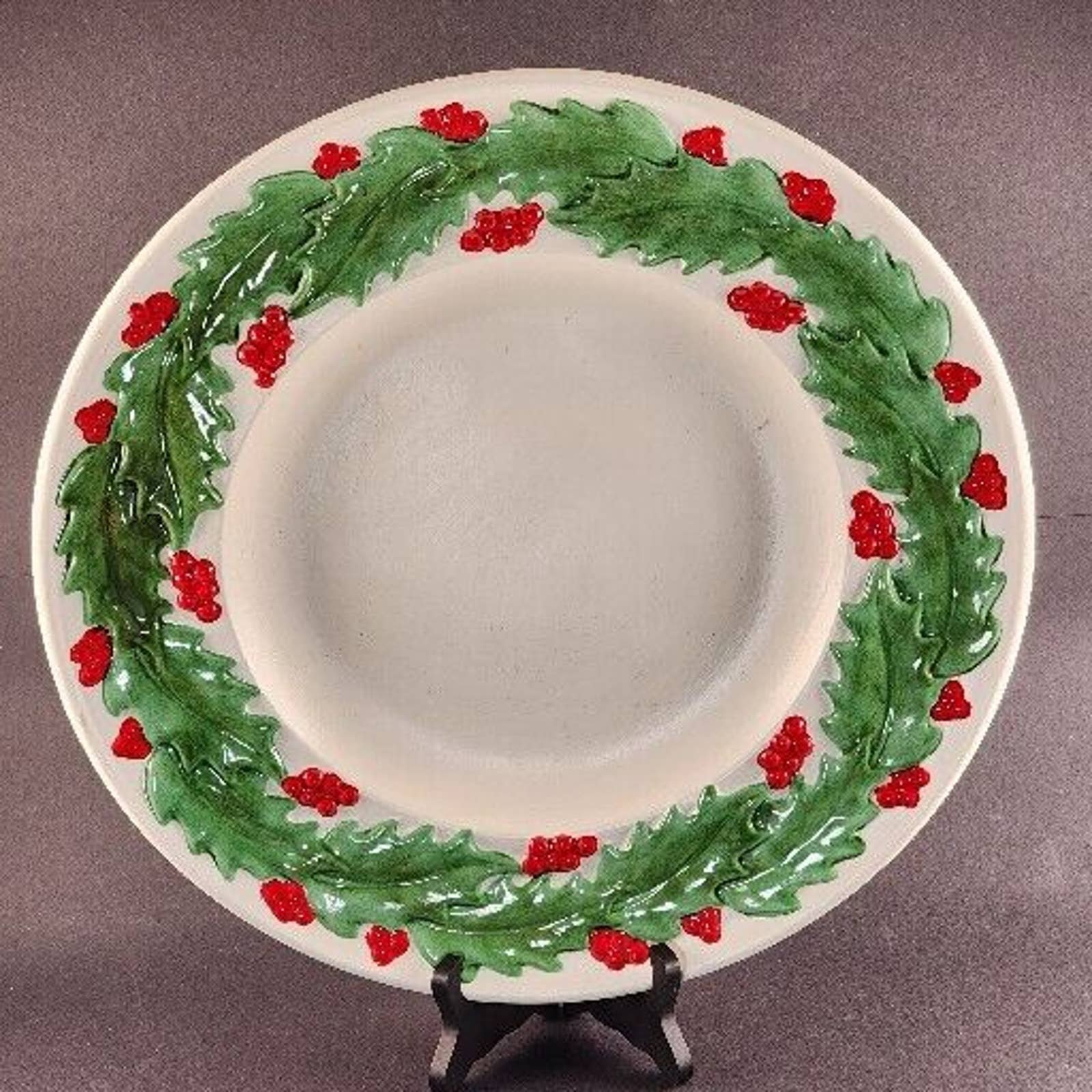 Large Round Serving Platter 16 Homemade White Ceramic Green Red Holly Border