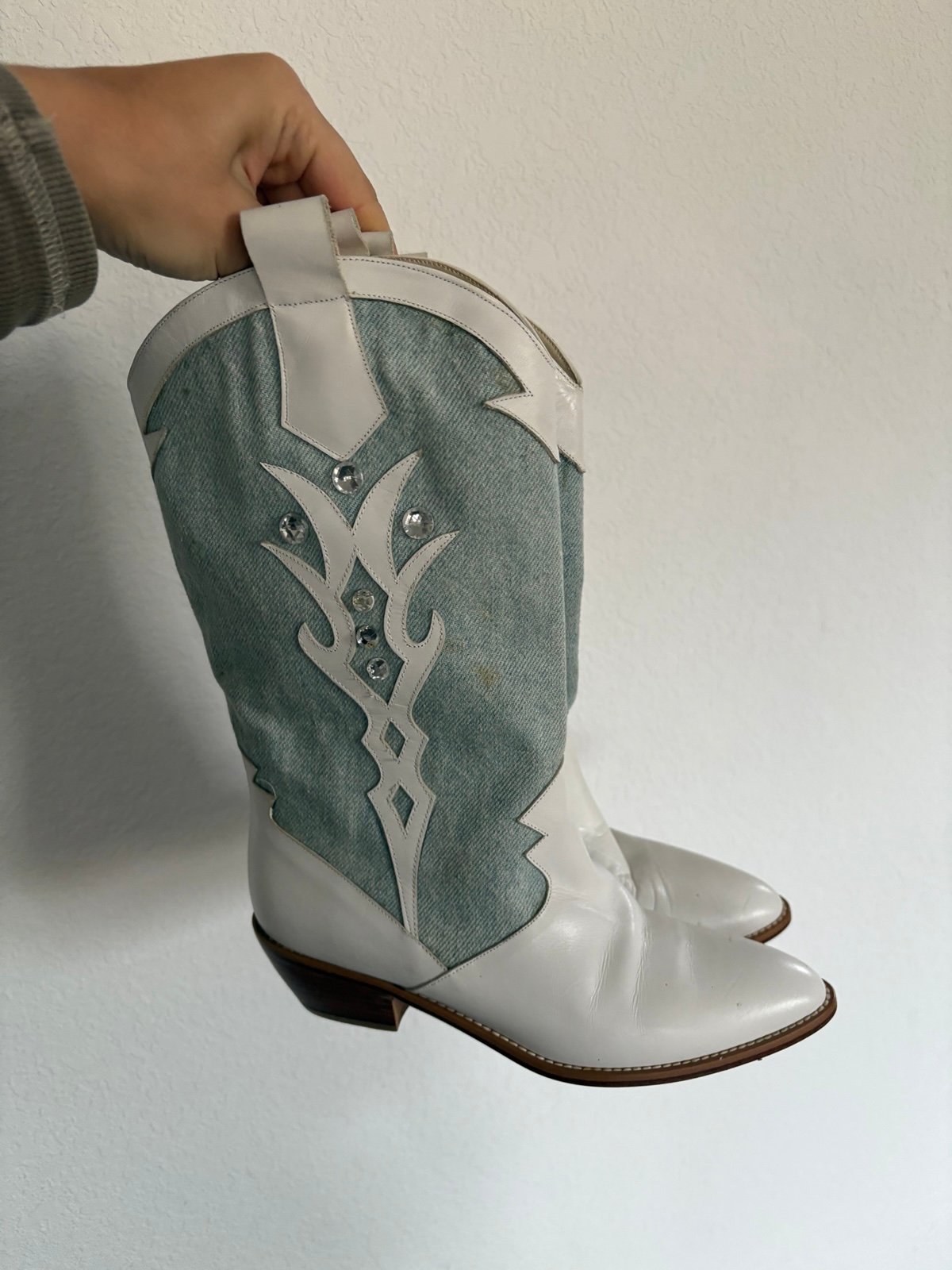 Vintage White Leather And Denim Cowgirl Boots by Nina Size 6, Western Boots, Cow