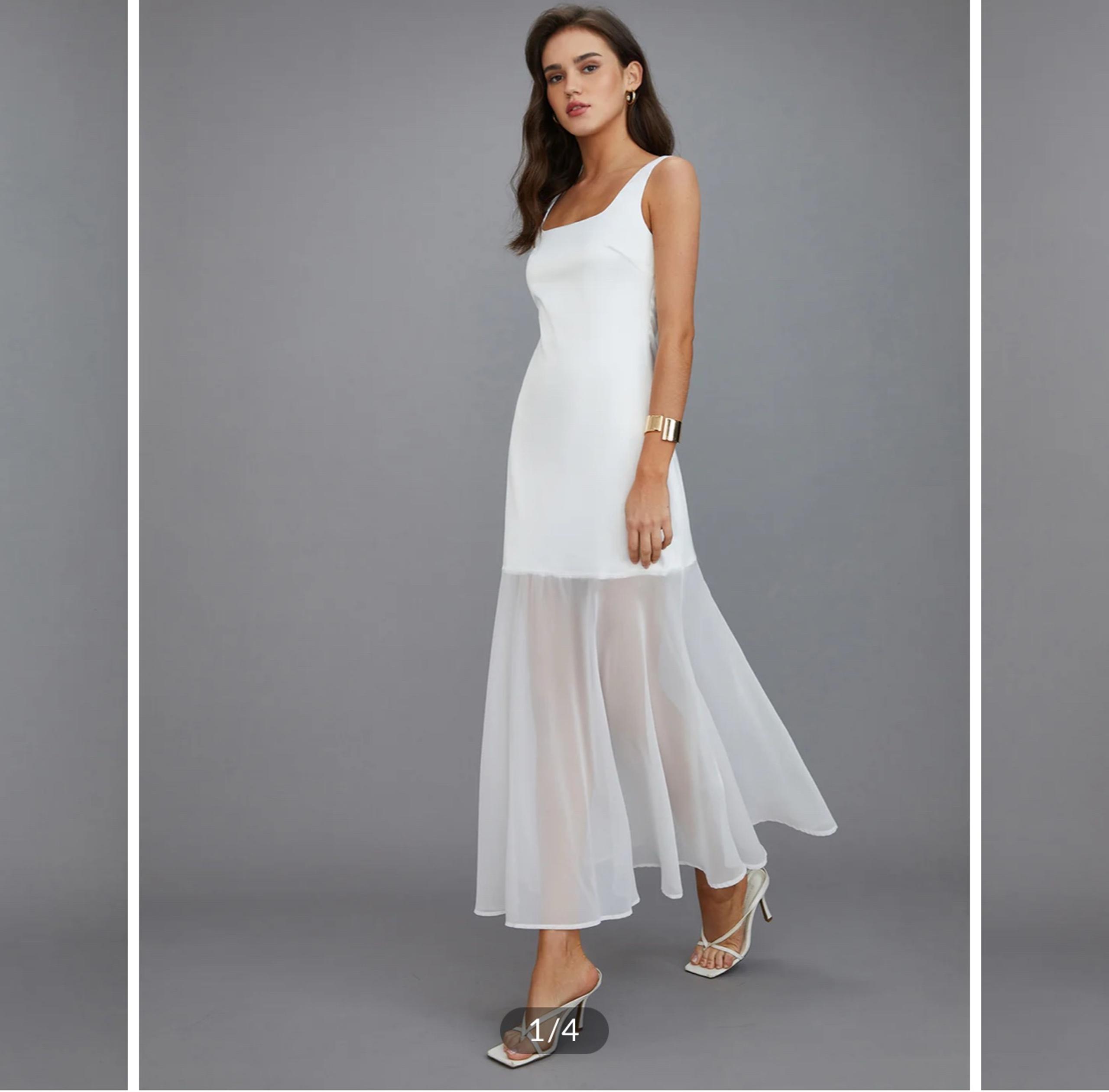 Commense Womens Ivory Gown Long Flowy Maxi Dress Size M NWT Satiny Chiffon