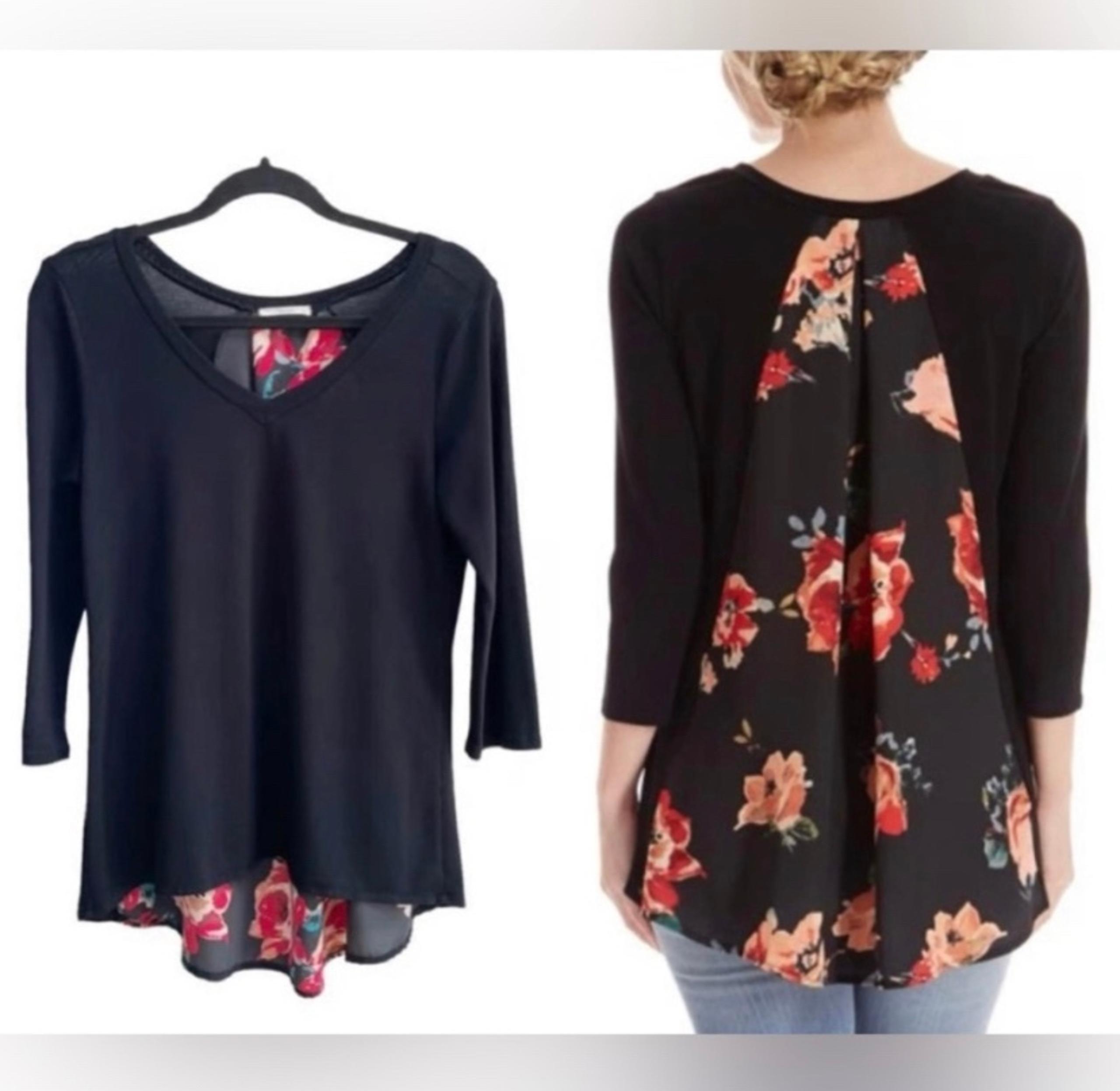 Le Lis Knit Dark Floral Top Womens Plus V-Neck Black 3/4 Sleeves Romantic 3X