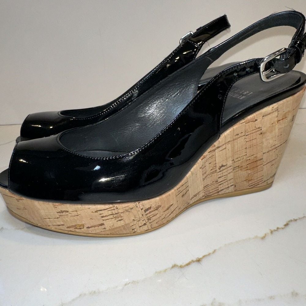 Stuart Weitzman Cork Wedge Sandal Black Patent Leather Platform Size 7.5 M