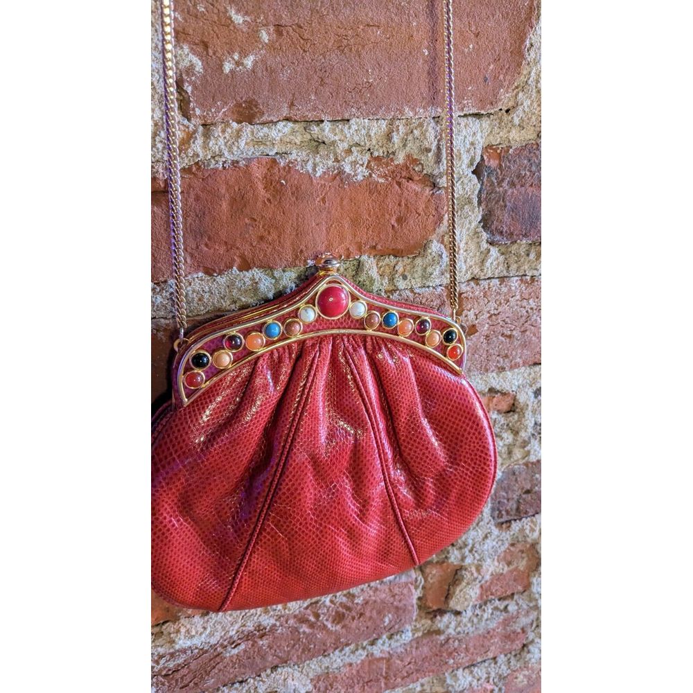 Vintage Red Jeweled Frame Evening Bag Clutch Crossbody Chain Purse Party Formal