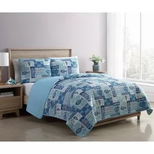 Patchwork Sea Life Reversible Quilt Set Blue