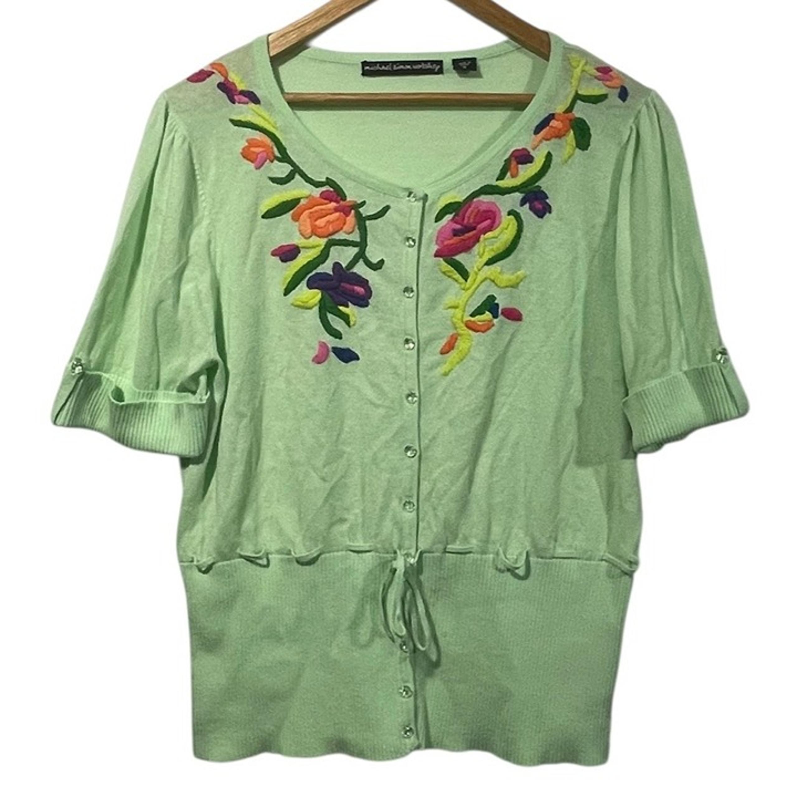 Michael Simon Embroidered Sweater Green Lightweight Short Sleeve Button Up Artsy