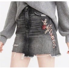 Abercrombie Fitch Skirt Women 25 Black Denim Floral Embroidery Whimsigoth Grunge