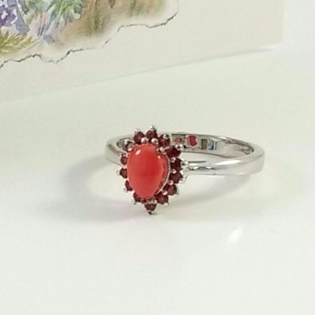 Mediterranean Coral and Genuine Mozambique Garnet Ring Size 7-1/2