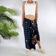 Vintage Blue Floral Bohemian Beachy Boho Hippie Fringe Sarong Wrap Skirt / OS