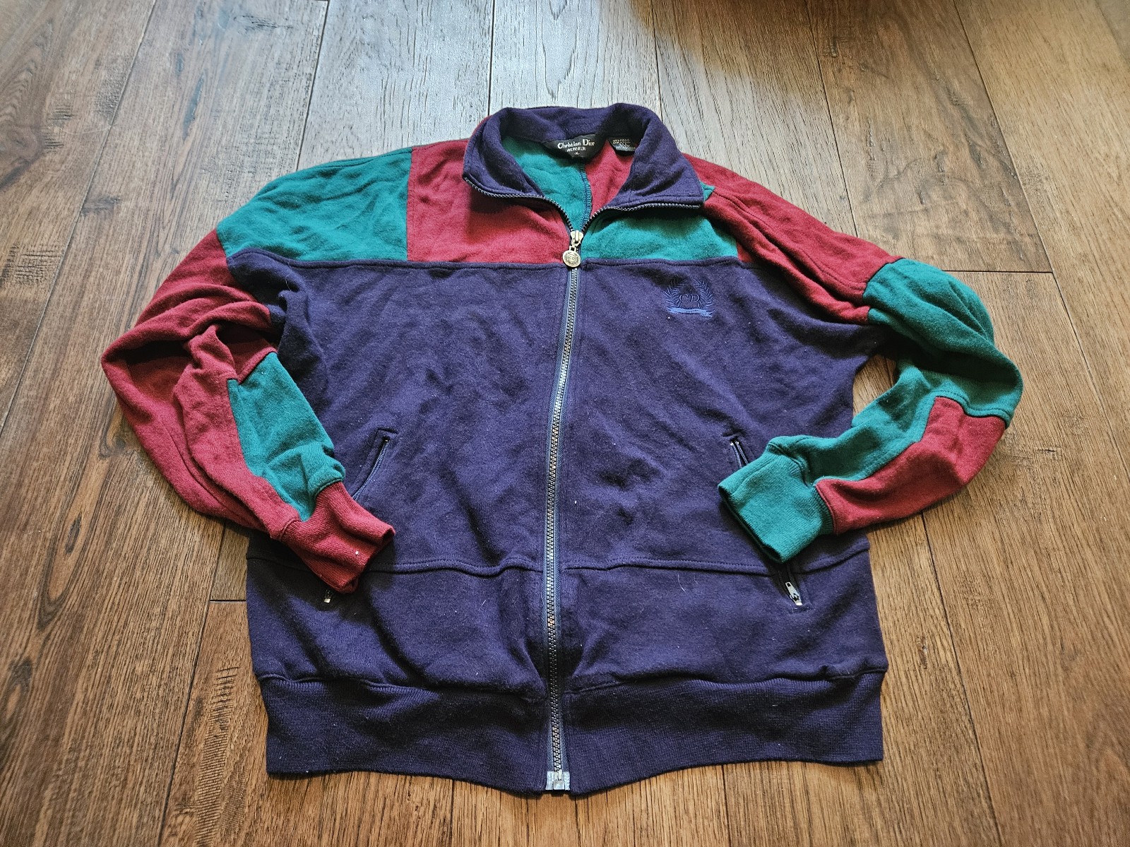 VINTAGE Christian Dior Monsieur Jacket Mens M Blue Green Colorblock Track Coat.