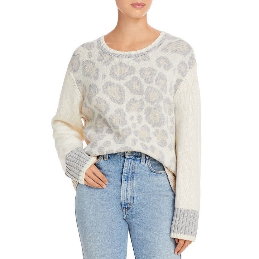 NEW Splendid Mally Colorblock Leopard Sweater Sz Large Wool Cashmere Cream Gray