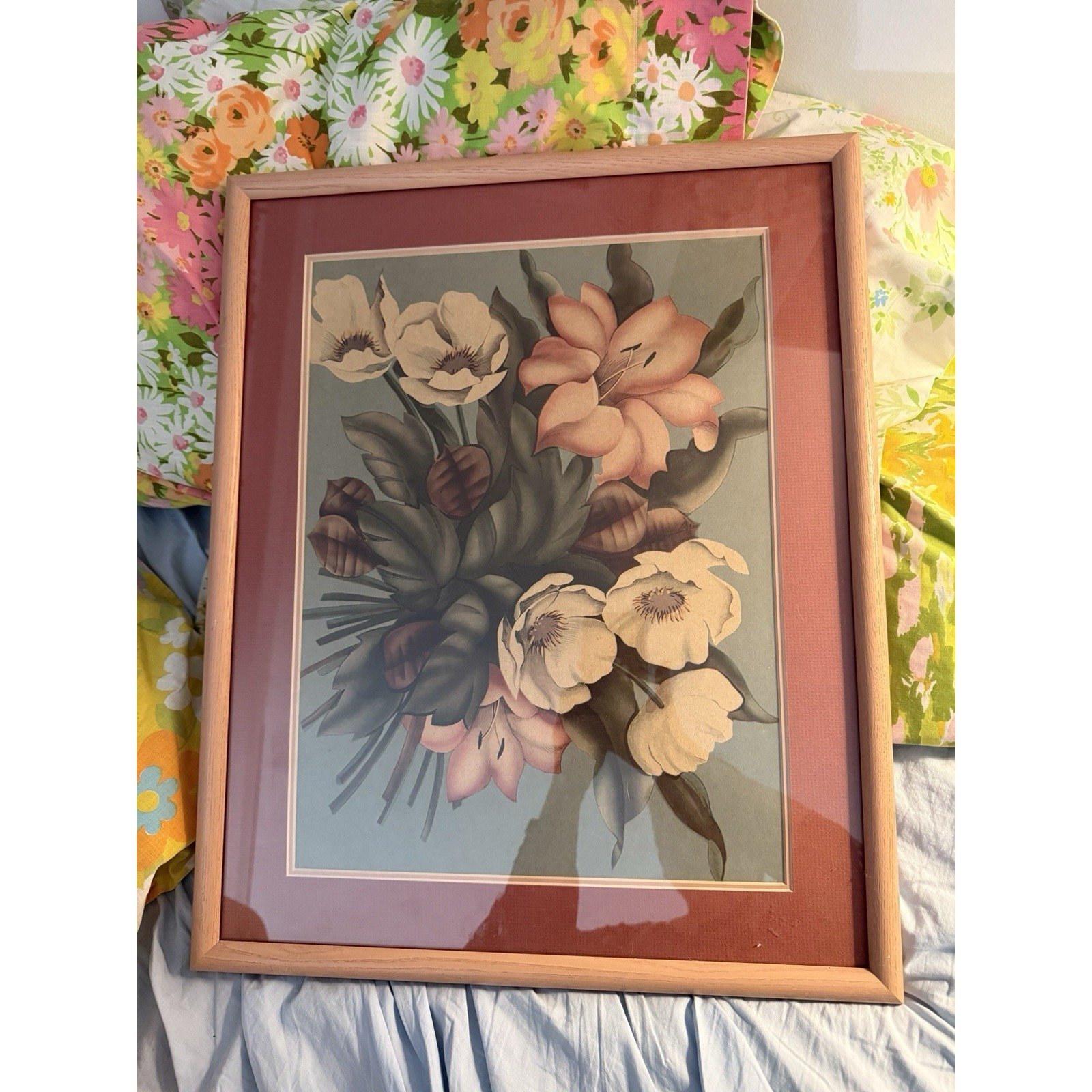 1950's Framed Art deco Floral Lithograph Botanicals Professionally Framed 21x19