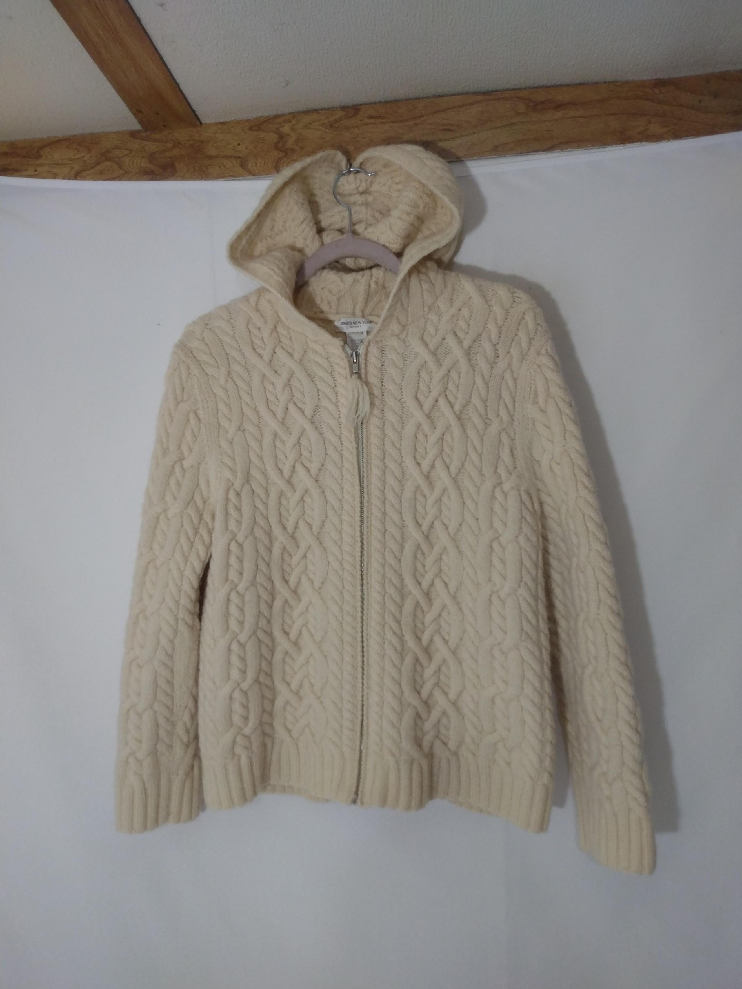Womens Jones New York Heavy Wool Cable Knit Fishermans Zip Sweater Jacket Sz L