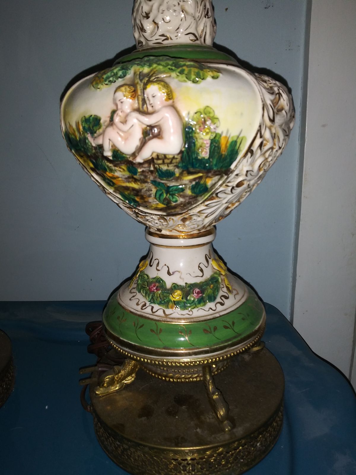 1930s porcelain white and green cherub h
