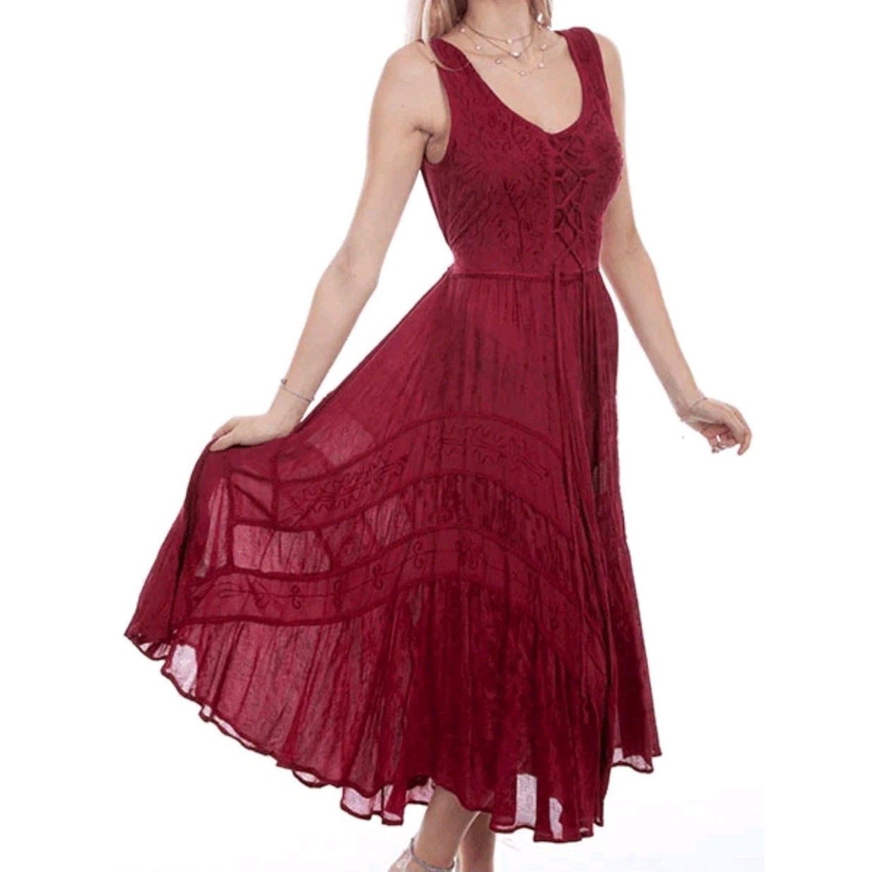 Women's Dress Sz Med Scully Honey Crk Burgdy Rayon Full Length Full Skirt Dress