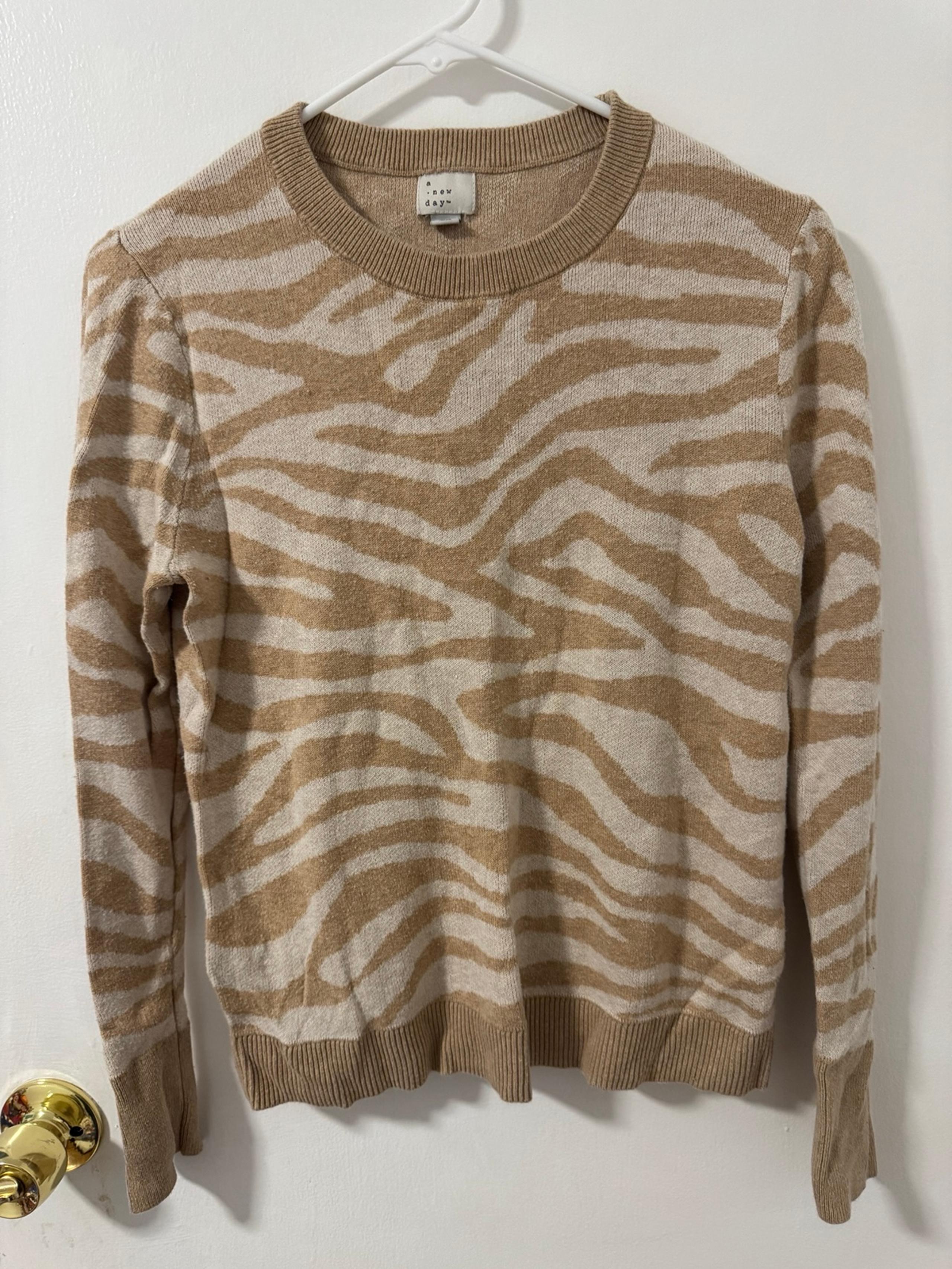A New Day Sweater Women’s Medium Zebra Print Tan Brown Black Knit Crew Neck FALL