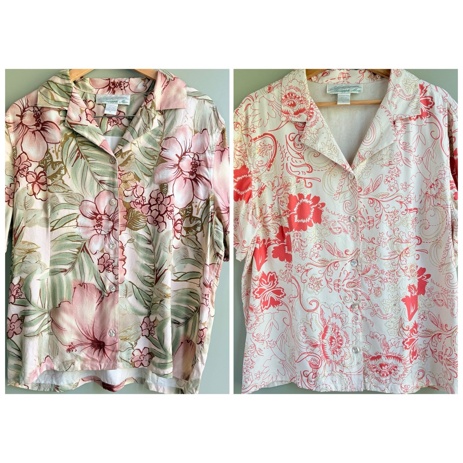 PINEAPPLE MOON 2 Piece Bundle XL Silk Button Front Short Sleeve Camp Shirts