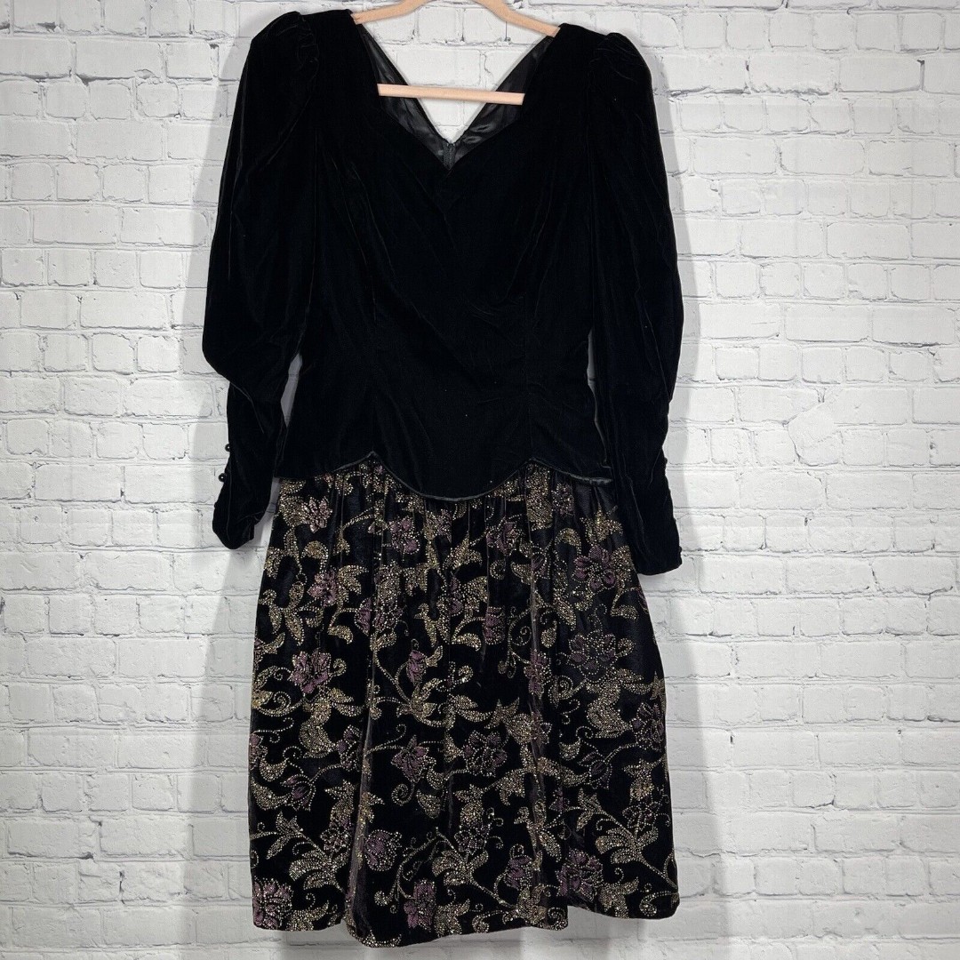 VTG 80s McClintock Black Velvet Floral Taffeta Evening Prom Princess Dress Gown