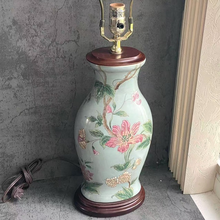 Fine Hand Painted 29 Vintage Chinoiserie Porcelain Vase Lamps Blue Pink Floral