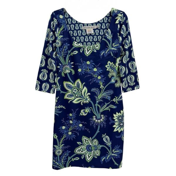 GRETCHEN SCOTT Jersey Scoop Neck Dress Blue Floral Size Medium Tunic Stretch