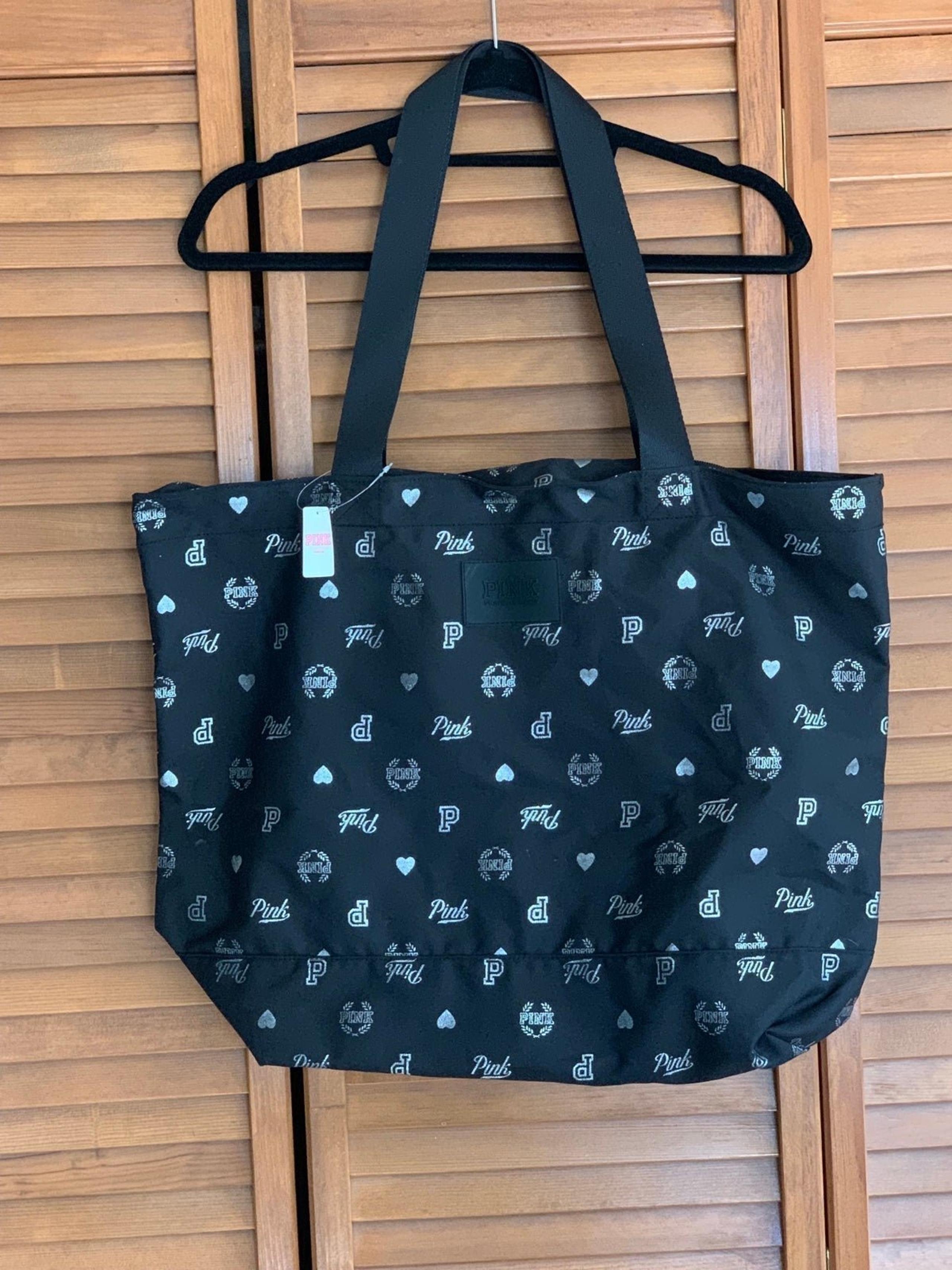 PINK Victoria's Secret Black Silver Large Canvas Shopper Shoulder Bag Purse Tote